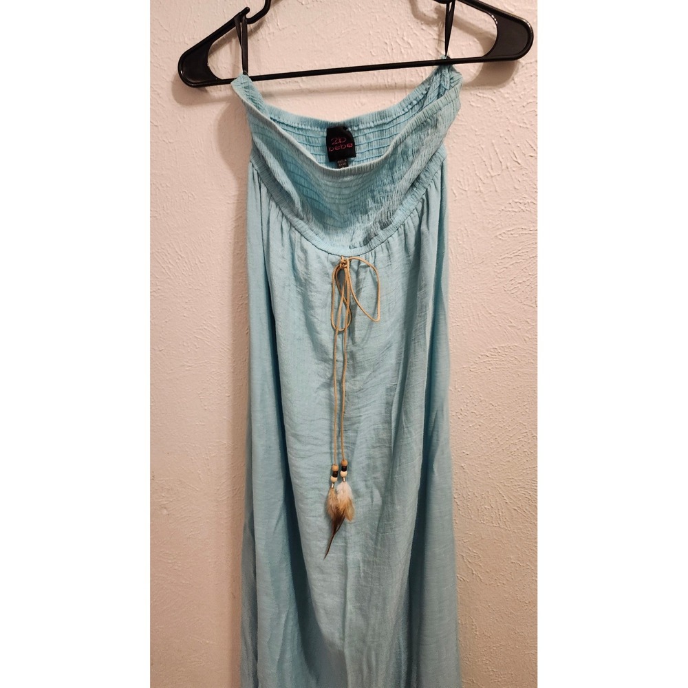 Bebe 2b Maxi Smocked‎ Dress Small Strapless Feather Tie Boho Peasant Beachy Blue